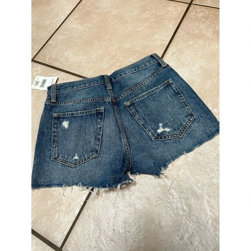 Free People Women 25 Blue Byron Bay Regular Mid Rise Denim Distressed Shorts New